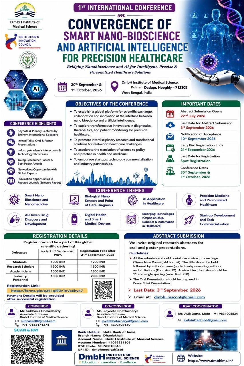 1st International Conference on Convergence of Smart Nano-Bioscience and Artificial Intelligence for Precision Healthcare - 30 September & 1 October 2026